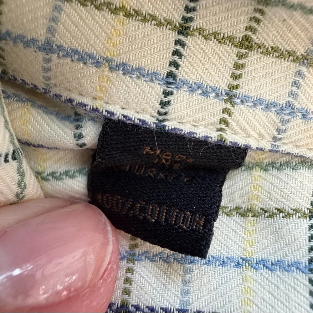 Robert Talbott XL Cream Green Blue Check Button Down Shirt Cotton Top